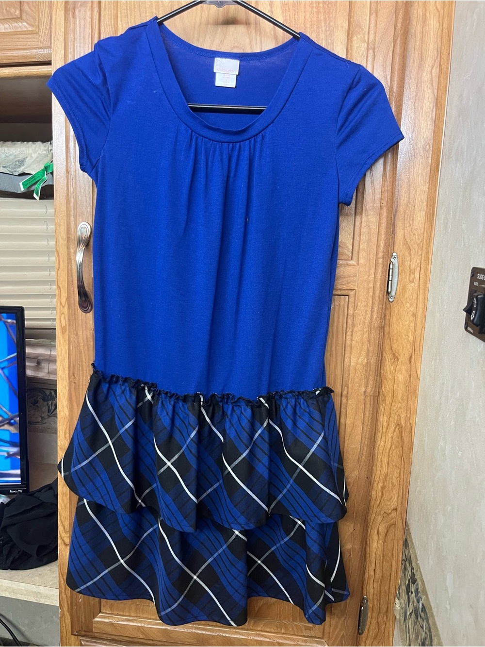 Xhilaration Royal Blue Short Sleeve Dress with Plaid Tiered Skirt Girls Sz Lg